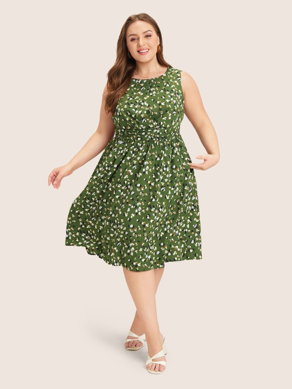 Allover Print Pocket Flutter Crossover Ruched Tank Dress
